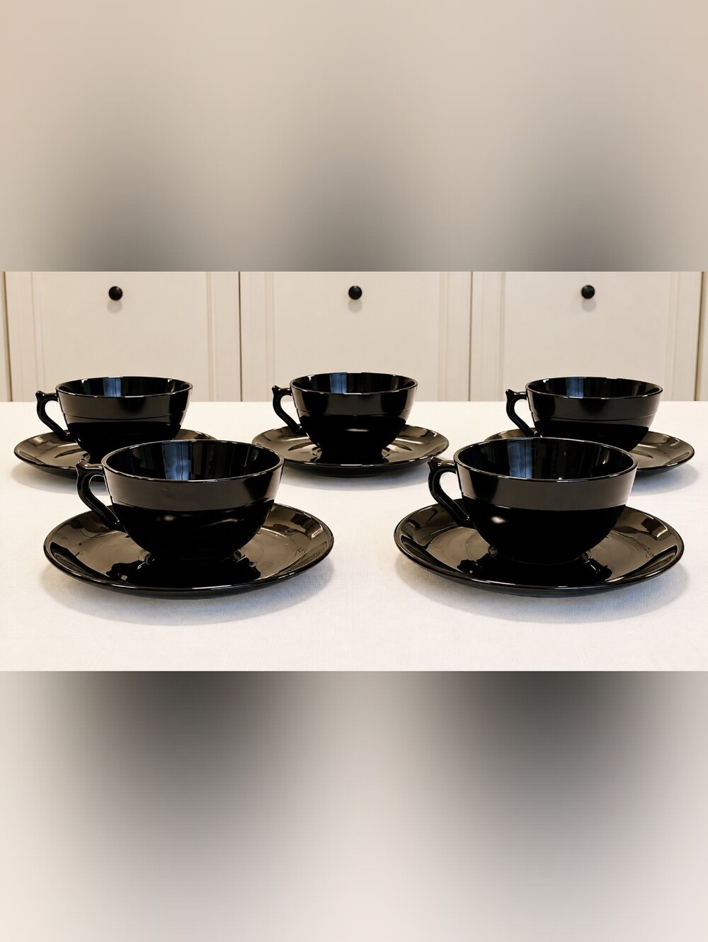 Vintage Ebony Black Depression Glass Art Deco Cups & Saucers – Set of 5